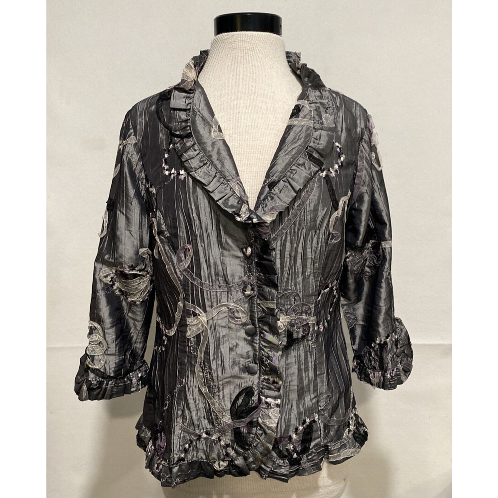Agora‎ Womens Pewter Gray Metallic Crushed Ruffle Trim Embroidered Jacket Large